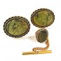 Vintage Goldtone & Green Cufflinks & Tie Tac By DANTE 61217