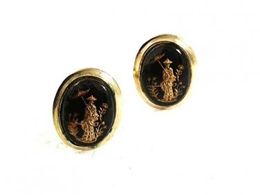 Vintage Goldtone Black Oriental Man Umbrella In Garden Cufflinks 8417