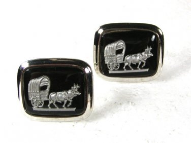 Large Vintage Silvertone & Black Ox Bull Cart Wagon Cufflinks Unbranded 32616