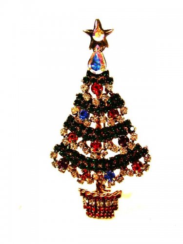 Goldtone Sparkley Rhinestone Christmas Tree Brooch Unbranded 8415