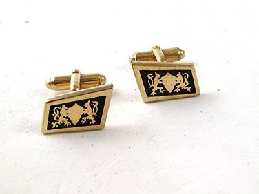 Vintage Gold Tone & Black 2 Lion Passant Shield Cufflinks 121416