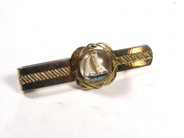 1940's - 50's Goldtone Hand Painted Sail Boat Tie Clasp Unbranded.101615
