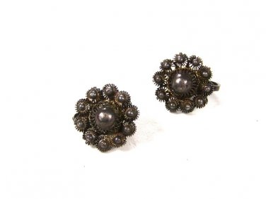 1940's - 50's Sterling Silver Handmade Flower Screw Back Earrings Unbranded 8715