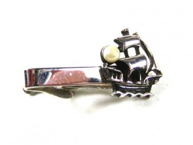 Vintage Silver Tone Faux Pearl Sailing Ship Tie Clasp Unbranded 53016