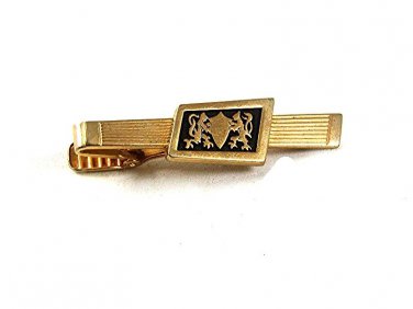 Vintage Goldtone & Black 2 Lions Passant & A Shield Tie Clasp 41317
