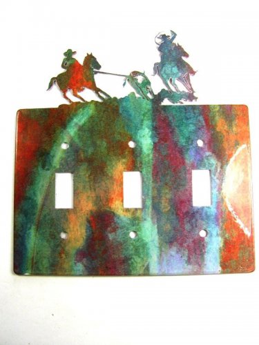 Rodeo Cowboys Calf Roping Triple Light Switch Plate Steel Images USA 51315