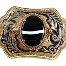 Vintage Western Silvertone Goldtone Black White Agate Stone Belt Buckle 421217