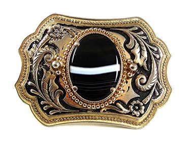 Vintage Western Silvertone Goldtone Black White Agate Stone Belt Buckle 421217