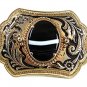 Vintage Western Silvertone Goldtone Black White Agate Stone Belt Buckle 421217