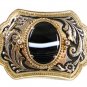 Vintage Western Silvertone Goldtone Black White Agate Stone Belt Buckle 421217