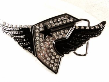 Wings Motorcycle ? Silvertone Rhinestones Black Belt Buckle Unbranded 22916
