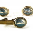 1940's-60's Vintage Silvertone & Blue Sailfish Cufflinks & Tie Clasp 53017