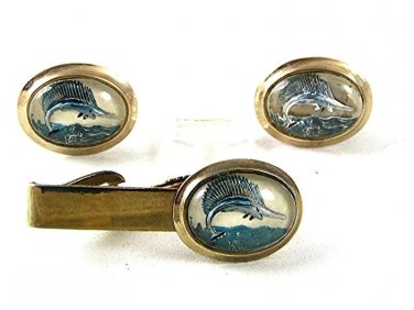 1940's-60's Vintage Silvertone & Blue Sailfish Cufflinks & Tie Clasp 53017