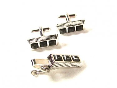 Silvertone & Black Cufflinks & Tie Clasp By SC 42716