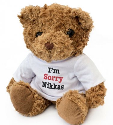 Hand made " I'M SORRY NIKKAS" - Teddy Bear Cute Soft Cuddly - Gift Present Apology