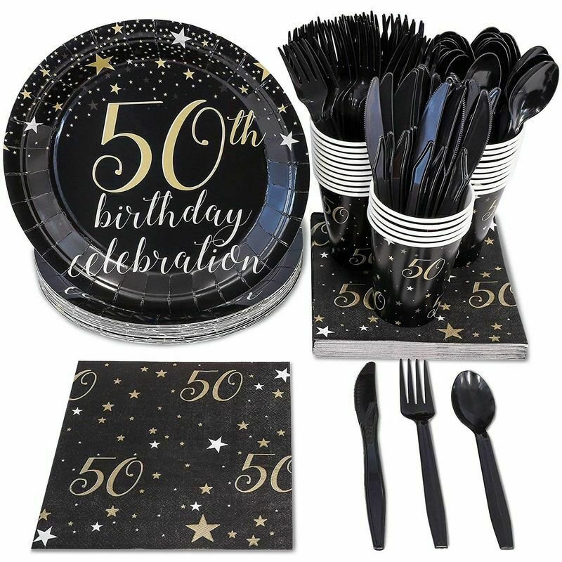 24 Disposable  Set - 50th Birthday Celebration  - Supply Plate Napkins Cup Knife Spoon Fork #ACST1
