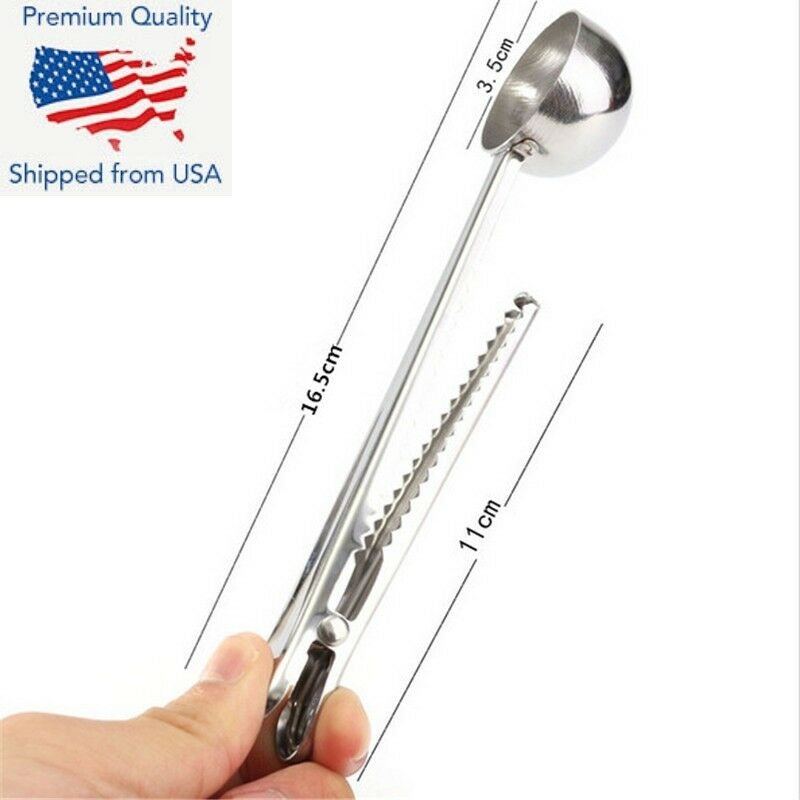 Stainless Steel Ground Coffee Measuring Scoop Spoon With Bag Seal Clip 1 Cup