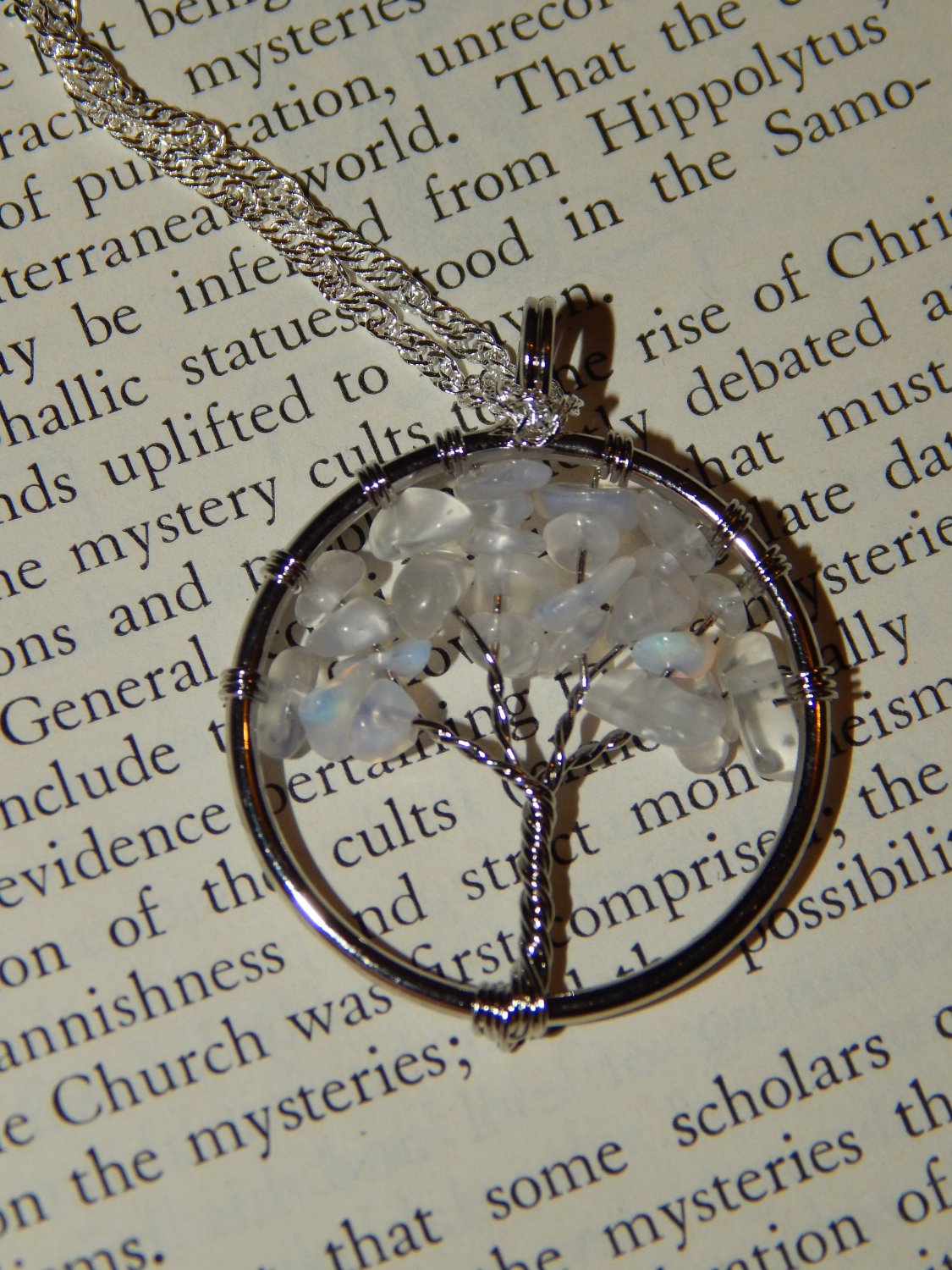 OPALITE Tree of Life Necklace - Silver Wire Wrapped Pendant with Opalite Crystal Chips