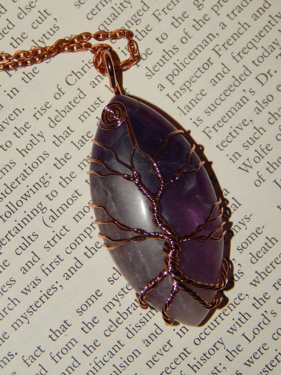 Genuine AMETHYST Marquis Necklace - Copper Wire Wrapped Vesica Pisces Pendant