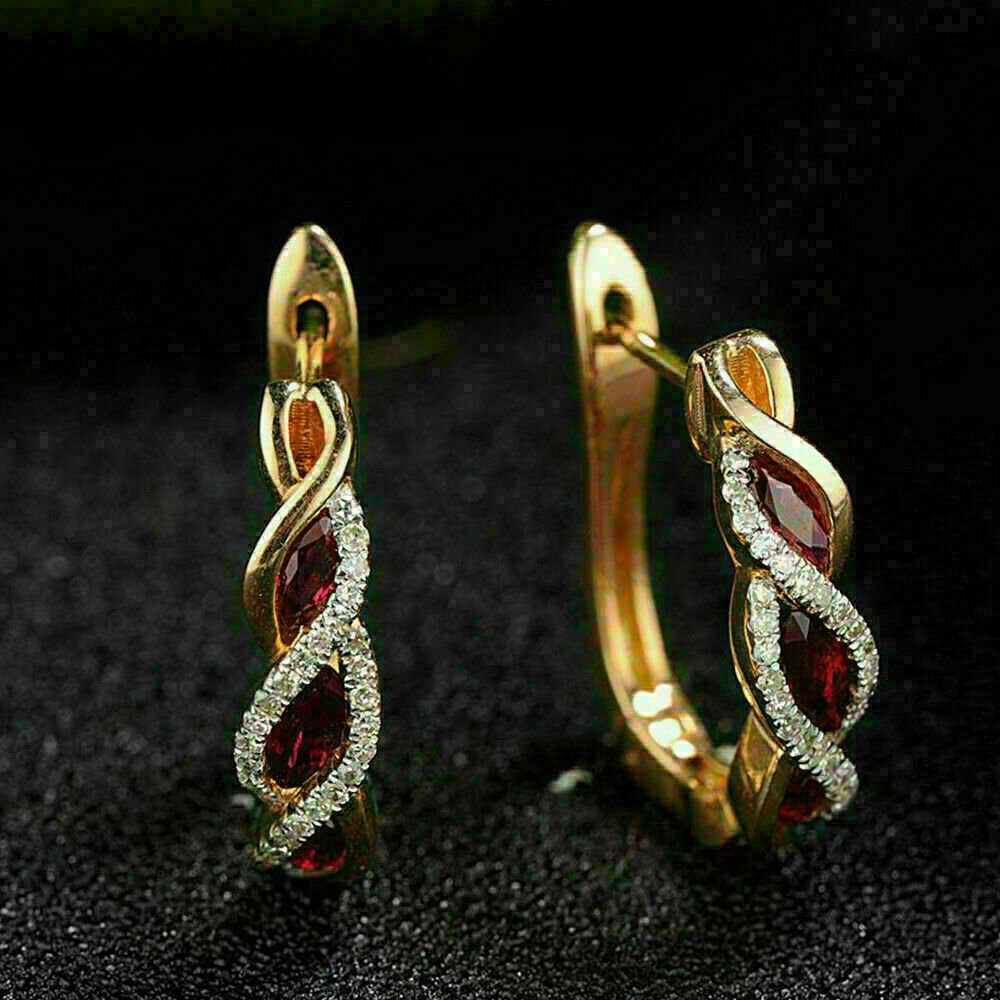 1.75Ct Marquise Cut Red Ruby Diamond Hoop Earrings 14k Yellow Gold Finish