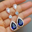 D/VVS1 3.10Ct Pear Cut Blue Sapphire Dangle Earrings 14K White Gold Finish