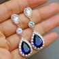 D/VVS1 3.10Ct Pear Cut Blue Sapphire Dangle Earrings 14K White Gold Finish