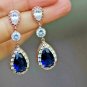 D/VVS1 3.10Ct Pear Cut Blue Sapphire Dangle Earrings 14K White Gold Finish