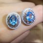 2.00Ct Oval Cut Blue Topaz Halo Stud Earrings 14K White Gold Finish