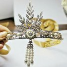 15.41cts ROSE CUT DIAMOND PEARL ANTIQUE VICTORIA LOOK 925 SILVER TIARA