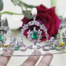 7.50ct Rose Cut Diamond Antique Look Silver Pearl Emerald Gemstone Tiara