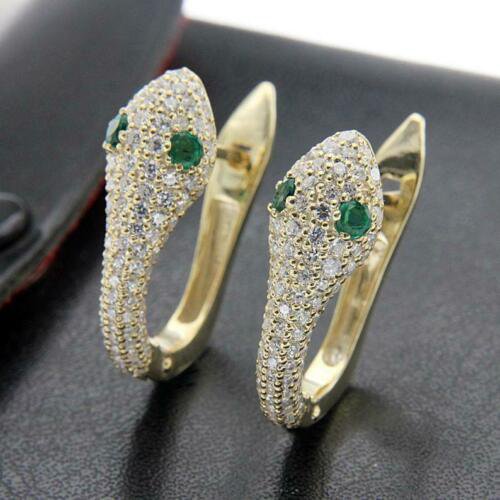 0.80Ct Round Diamond Emerald Snake Hoop Earrings 14k Yellow Gold Finish