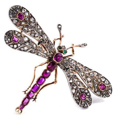 2.75Ctw Rose Cut Diamond Ruby Emerald Silver Handmade Dragonfly Brooch Pin
