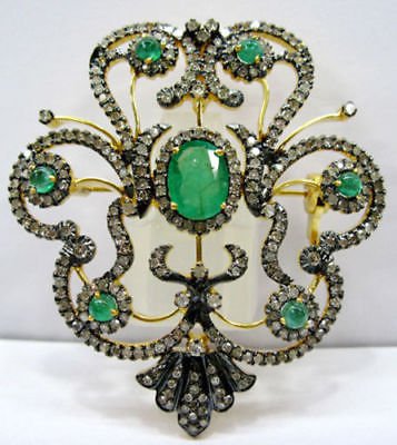 3.45Ctw Rose Cut Diamond Silver Handmade Emerald Brooch Pendant
