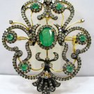 3.45Ctw Rose Cut Diamond Silver Handmade Emerald Brooch Pendant