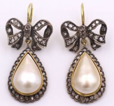 2.15Ctw Rose Cut Diamond Silver Pearl Antique Victorian Style Earrings