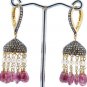 Handmade Victorian Style 3.75Ctw Rose Cut Diamond Silver Pearl Ruby Earrings