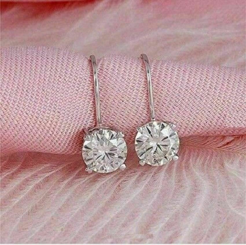 3.00Ct Round Cut Diamond Dangle Solitaire Earrings 14K White Gold Finish