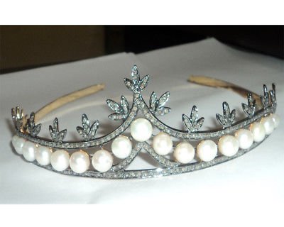 7.10Ct Rose Cut Diamond Silver Victorian Inspired Pearl Tiara
