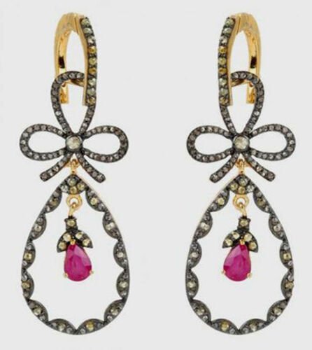 3.75Ct Rose Cut Diamond Ruby Antique Victorian Look Silver Dangler Earrings