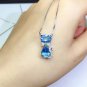 14K White Gold Finish 1.25C Diamond Blue Topaz Cat Pendant Necklace W Chain