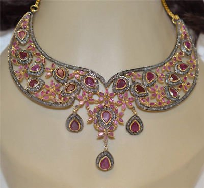 9.50Ct Rose Cut Diamond Silver Ruby Handmade Victorian Style Necklace