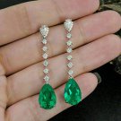 14k White Gold Finish 3.50Ct Pear Cut Green Emerald Dangle Earrings