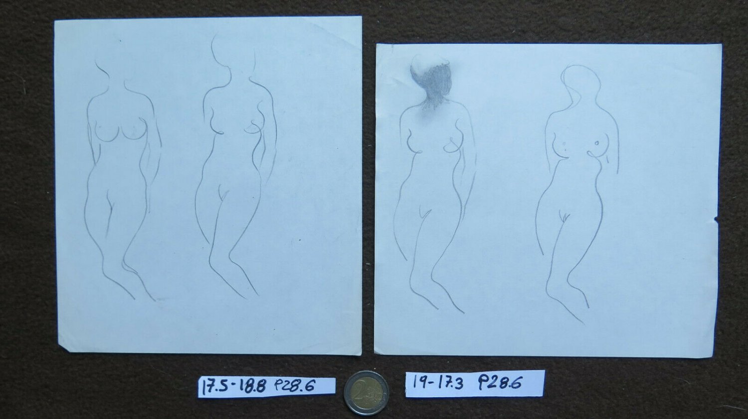 Two Old Drawings Sketching Studio Nude Feminine Portrait Pencil on Basket P28.6