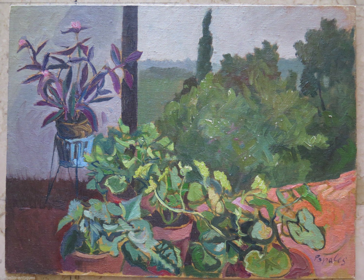 View from the Window Painting Antique Landscape in Spring Signed Original p8