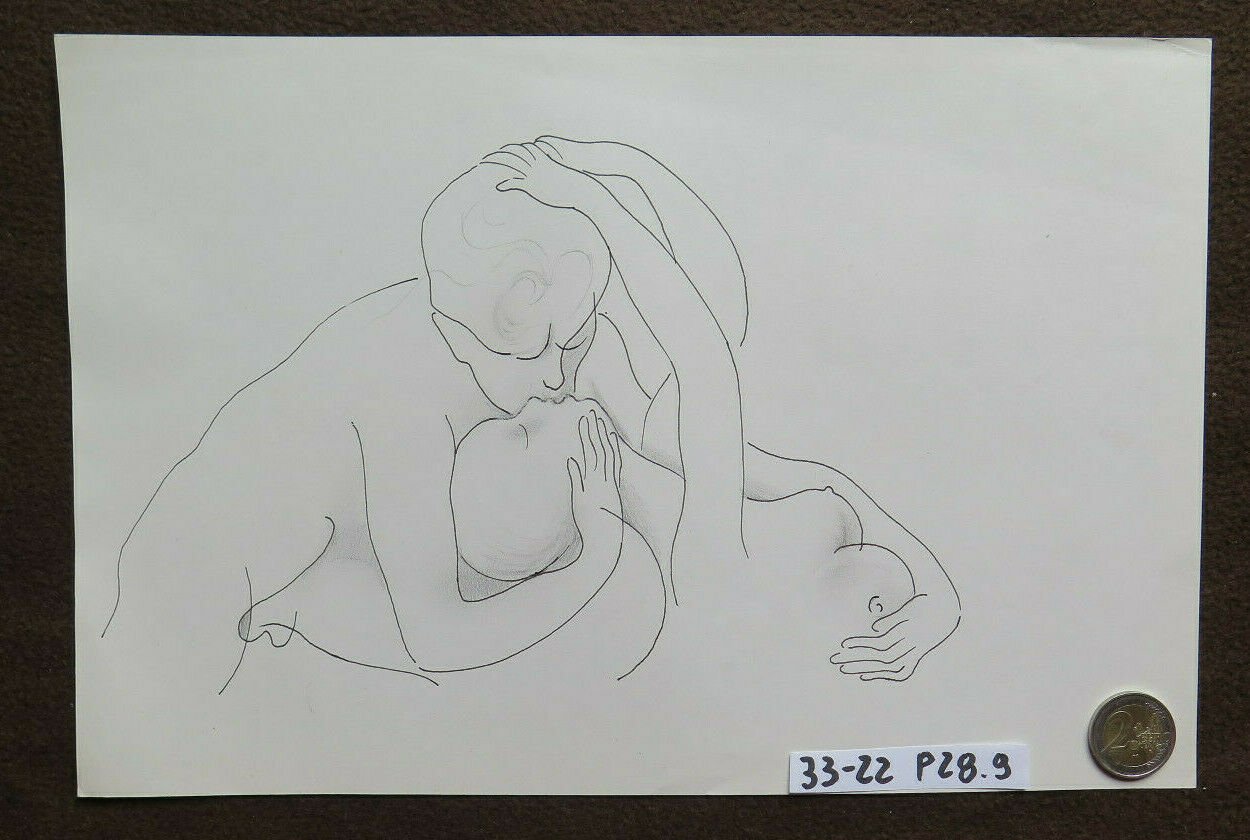 Old Drawing Sketch Portrait Lovers Kiss Author Gaetano Pancaldi P28.9