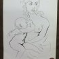 Mother with child Old Drawing Sketch Sketching Pen on Basket Vintage P28.9