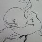 Mother with child Old Drawing Sketch Sketching Pen on Basket Vintage P28.9