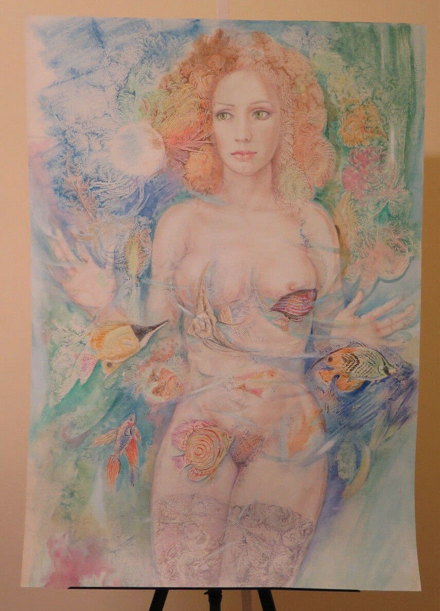 Painting Modern Style Pop Symbolist Nude Feminine with Fishes Tropical P33.1