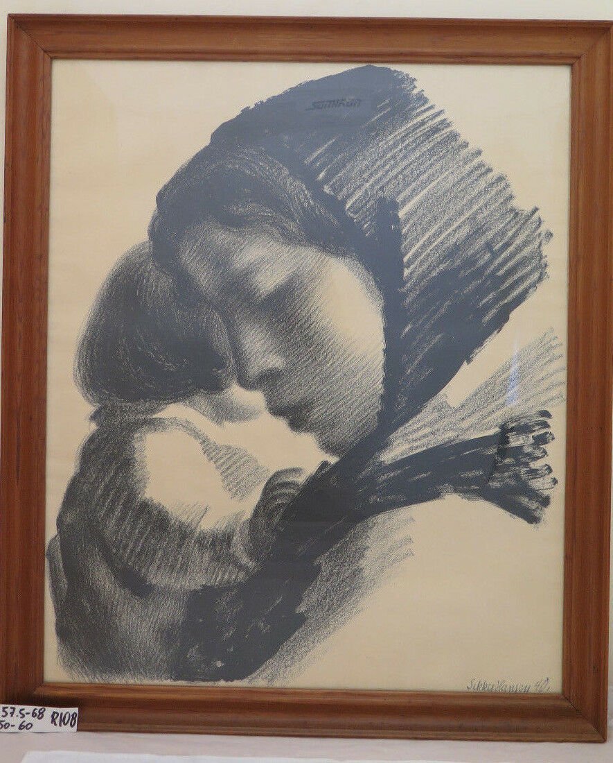 Lithography Vintage Signed Sikker Hansen Portrait Painting Mother & Child R108