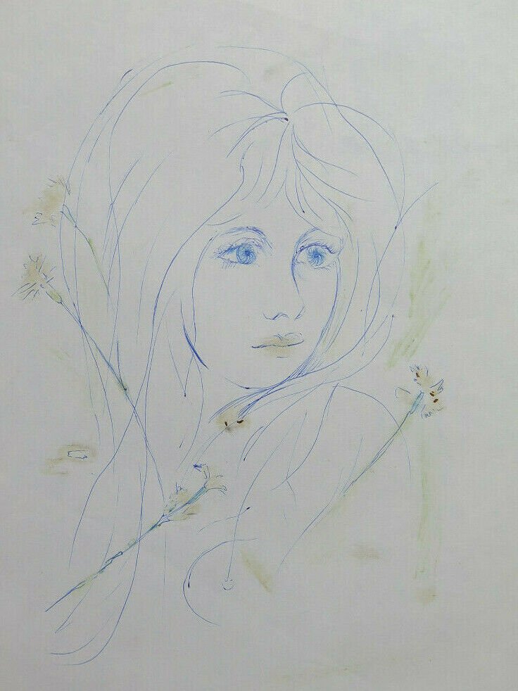 Drawing Sketch Portrait Feminine Pen on Basket Years 60 2.5oz Pancaldi P28.8